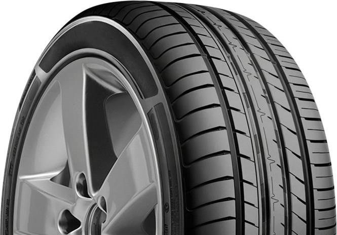 Angled close-up of the Cosmo MuchoMacho 255/35R19 tire highlighting the wide shoulder blocks and solid center rib for high-speed grip and cornering stability