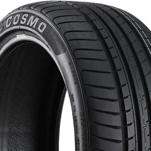 Angled close-up of the Cosmo MuchoMacho 235/45R18 tire highlighting the wide shoulder blocks and solid center rib for high-speed grip and cornering stability.