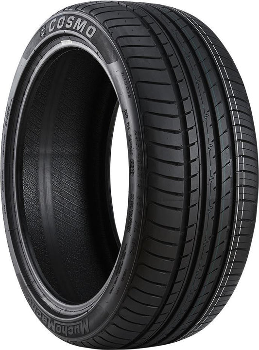 Full side view of a Cosmo MuchoMacho 245/40R18 ultra-high-performance tire on a white background, showing its sporty asymmetric tread and clean black sidewall.