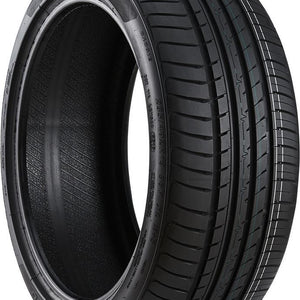 Full side view of a Cosmo MuchoMacho 235/45R18 ultra-high-performance tire on a white background, showing its sporty asymmetric tread and clean black sidewall.