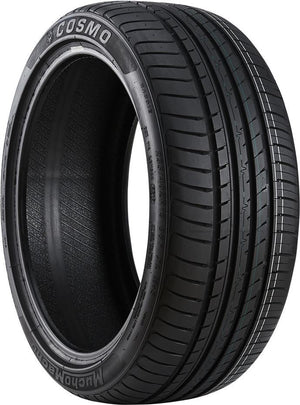 Full side view of a Cosmo MuchoMacho 265/35R18 ultra-high-performance tire on a white background, showing its sporty asymmetric tread and clean black sidewall.