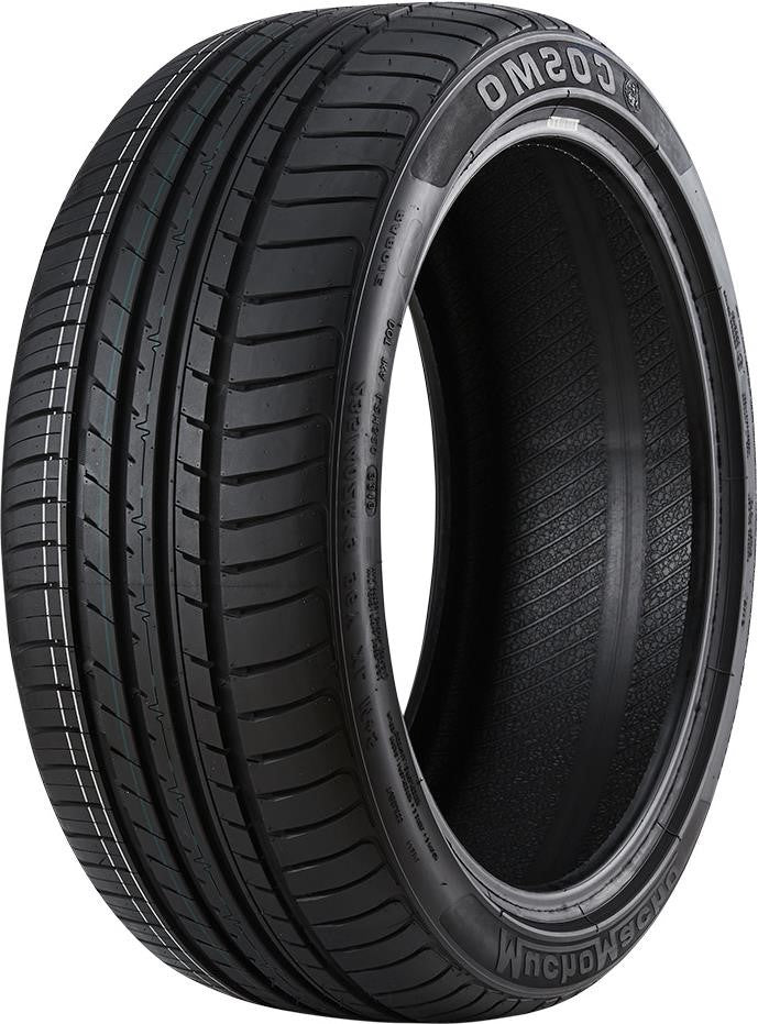 Full side view of a Cosmo MuchoMacho 255/35R19 ultra-high-performance tire on a white background, showing its sporty asymmetric tread and clean black sidewall
