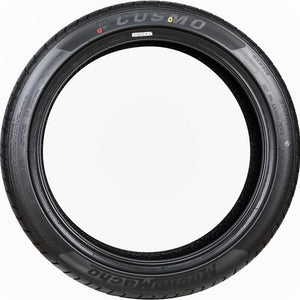 Side-on profile of a Cosmo MuchoMacho 255/35R19 UHP tire, emphasizing the Cosmo branding, very low-profile sidewall and size markings for performance cars.