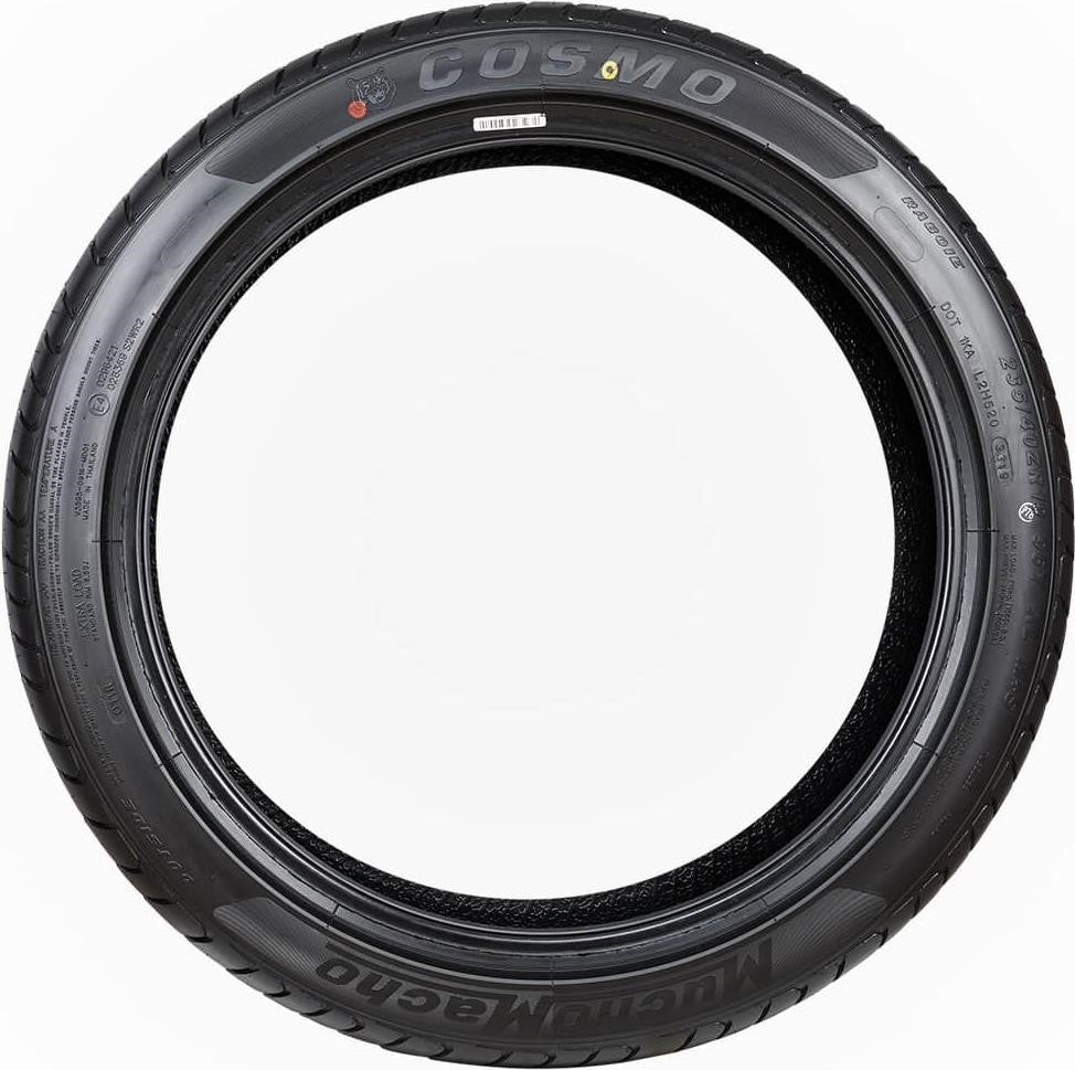 Side-on profile of a Cosmo MuchoMacho 235/45R18 UHP tire, emphasizing the Cosmo branding, low-profile sidewall and size markings for sporty sedans and performance cars.