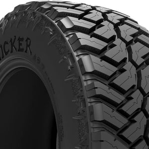 Angled close-up of the Cosmo Mud Kicker 35X12.50R17 tire showing the multi-faceted shoulder claws and reinforced sidewall details for off-road use.