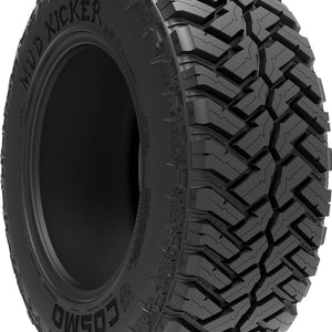 full left-side view of a Cosmo Mud Kicker 33X12.50R22 mud-terrain light-truck tire with aggressive blocky tread and rugged sidewall on a white background.