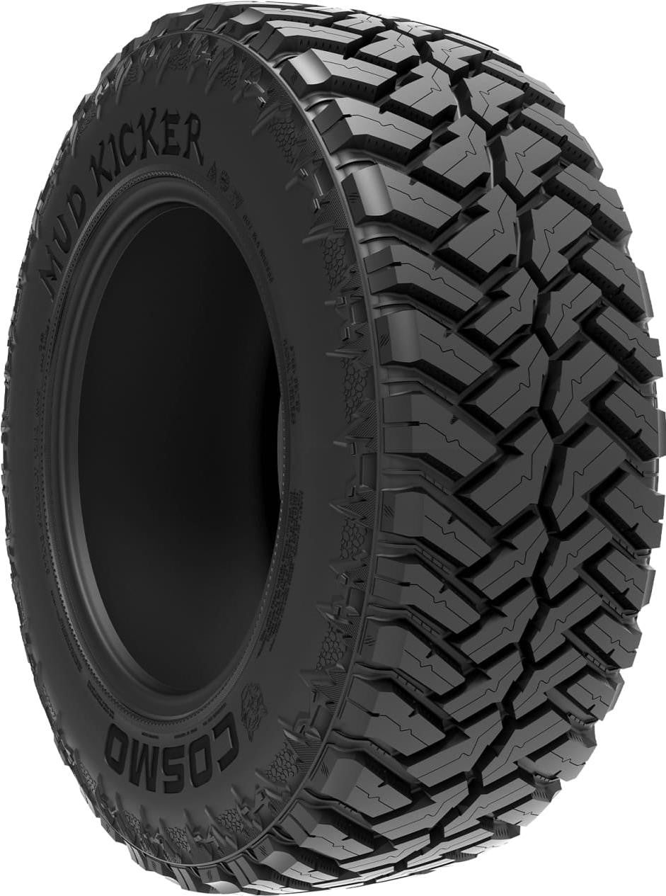full left-side view of a Cosmo Mud Kicker 33X12.50R22 mud-terrain light-truck tire with aggressive blocky tread and rugged sidewall on a white background.