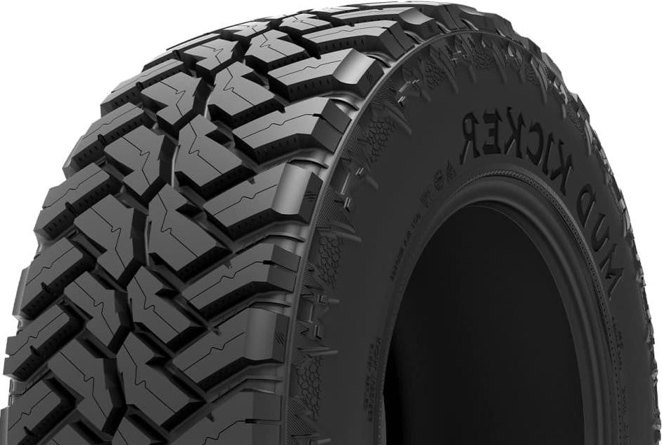 Full right-side view of a Cosmo Mud Kicker 35X12.50R17 mud-terrain tire, highlighting the bold sidewall branding and tall profile for trucks and off-road SUV