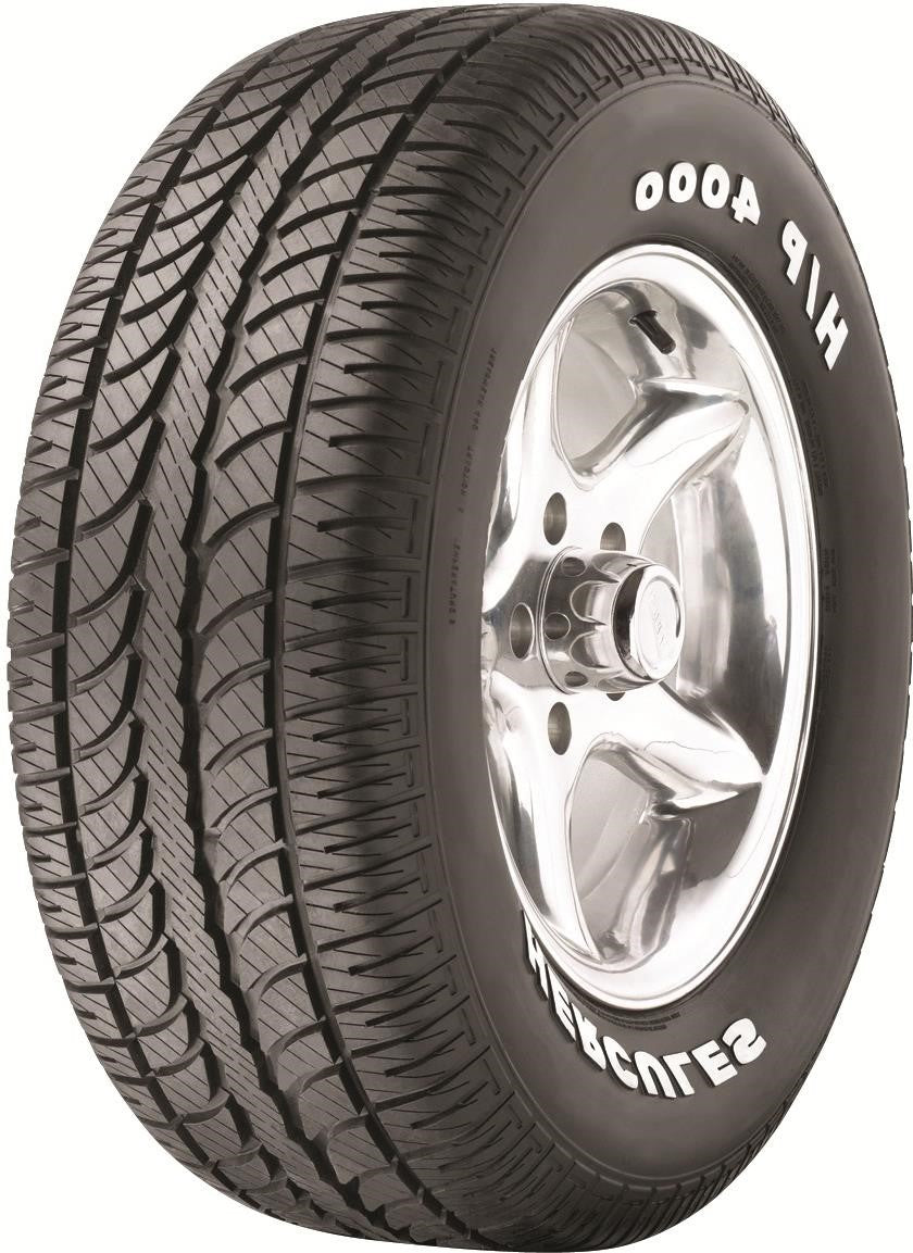 Full side view of Hercules H/P 4000 295/50R15 tire featuring raised white letter sidewall design on white background.