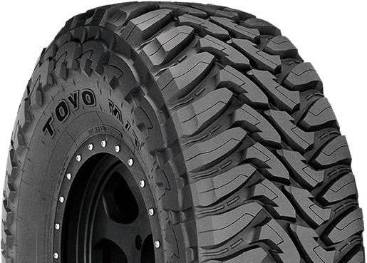 Angled view of Toyo Open Country M/T 295/65R20 LT P mud-terrain tire showing deep tread blocks and rugged off-road design.
