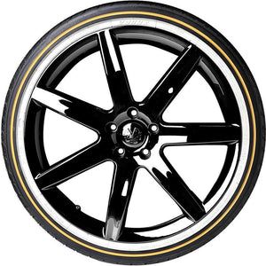 Front side view of Vogue Custom Built Radial VIII 235/45R18 tire featuring signature whitewall and gold stripe sidewall design on white background.